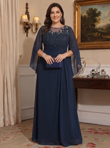 A-Line/Princess Scoop Floor-Length Plus Size Mother of the Bride Dresses with Pleated & Sequins