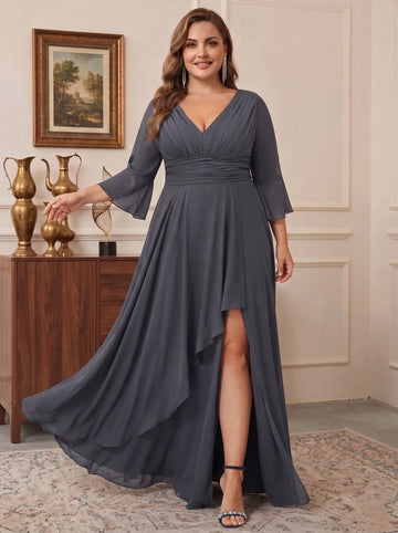 A-Line/Princess V-Neck 3/4 Length Sleeves Asymmetrical Plus Size Mother of the Bride Dresses with Ruffles