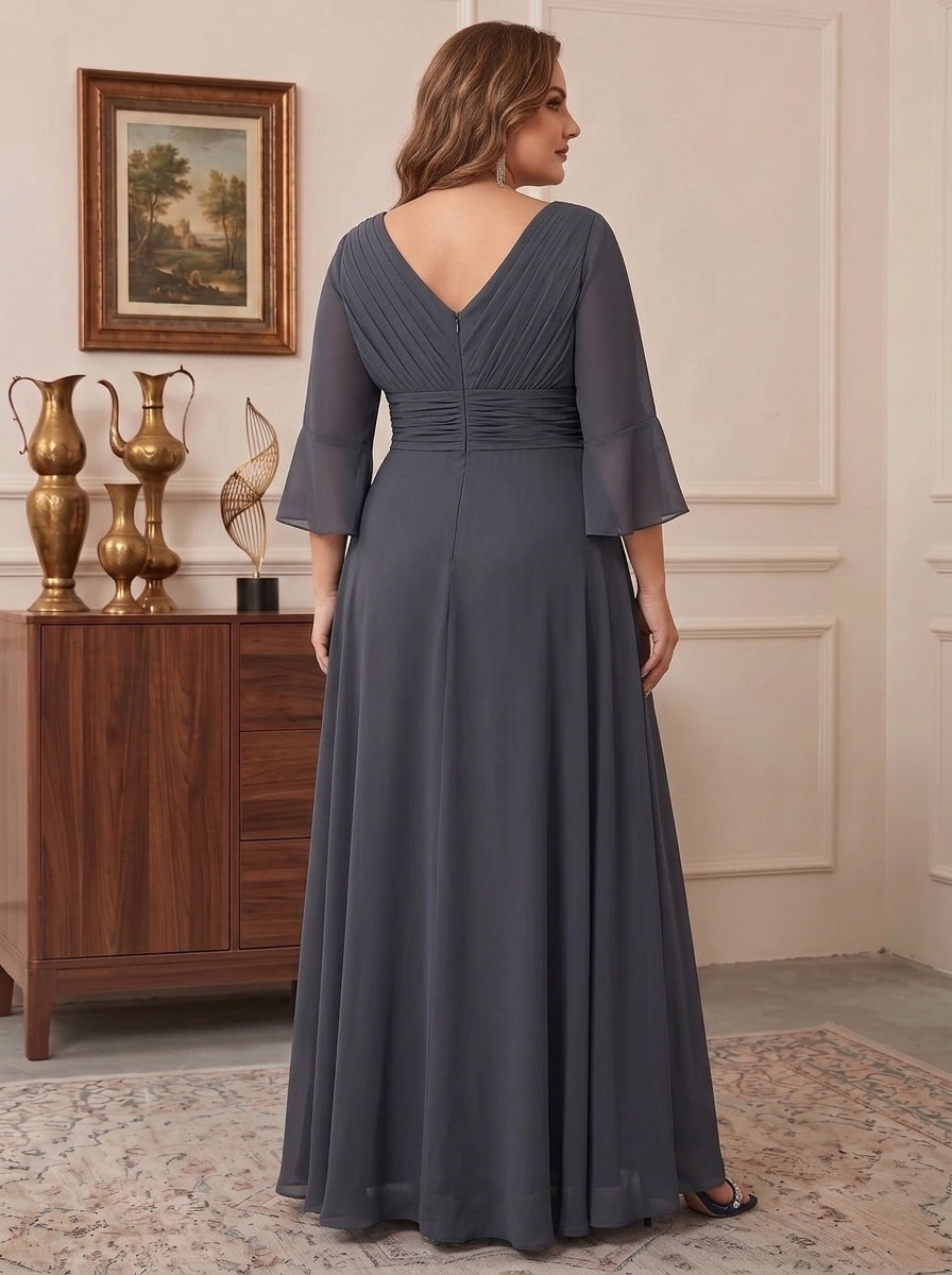 A-Line/Princess V-Neck 3/4 Length Sleeves Asymmetrical Plus Size Mother of the Bride Dresses with Ruffles