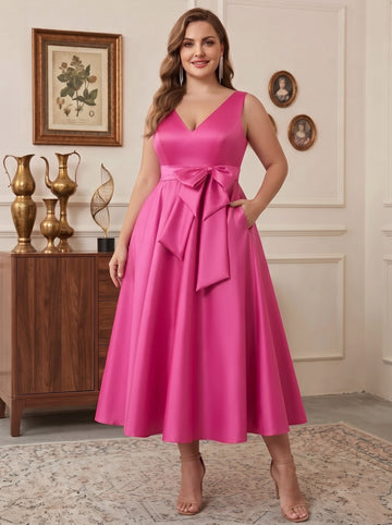 A-Line/Princess V-Neck Sleeveless Ankle-Length Plus Size Mother of the Bride Dresses with Pockets & Ruffles