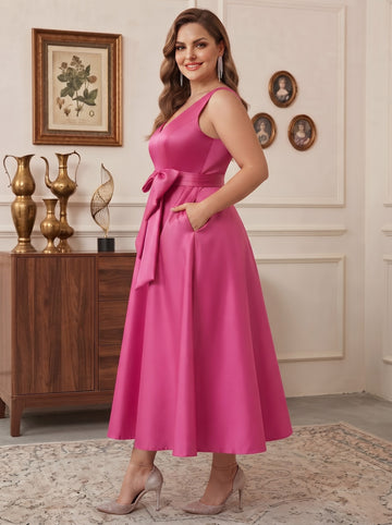 A-Line/Princess V-Neck Sleeveless Ankle-Length Plus Size Mother of the Bride Dresses with Pockets & Ruffles