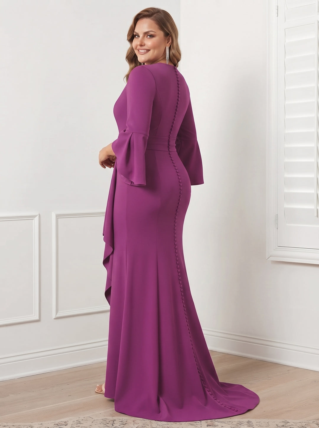 Sheath/Column V-Neck Long Sleeves Floor-Length Plus Size Mother of the Bride Dresses With Split Side