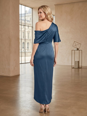 Sheath/Column One-Shoulder Short Sleeves Asymmetrical Mother of the Bride Dresses with Ruffles