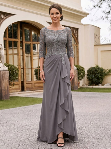 Sheath/Column Scoop Mother of the Bride Dresses Lace Chiffon Floor-Length With Ruffles