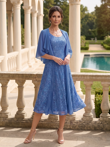 A-Line/Princess Scoop Half Sleeves Tea-Length Mother of the Bride Dresses with Appliques & Wrap