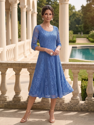 A-Line/Princess Scoop Half Sleeves Tea-Length Mother of the Bride Dresses with Appliques & Wrap