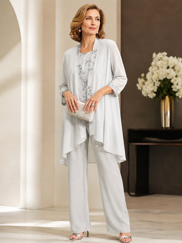 Chiffon Round Neck Floor-Length Mother of the Bride Pantsuits with Jacket