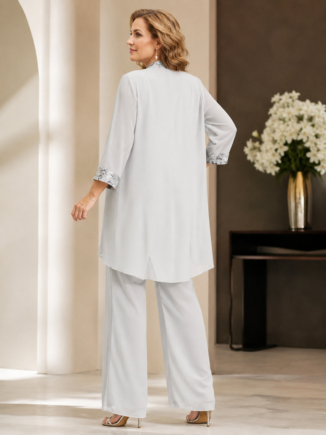 Chiffon Round Neck Floor-Length Mother of the Bride Pantsuits with Jacket