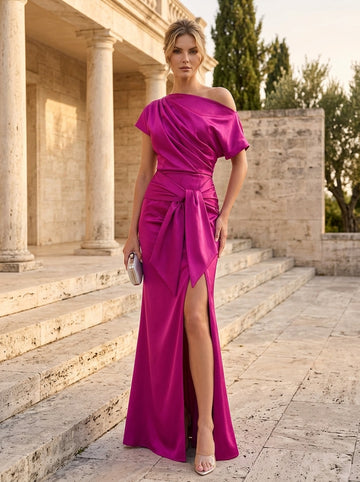 Trumpet/Mermaid One-Shoulder Short Sleeves Floor-Length Mother of the Bride Dresses with Ruffles & Split Side