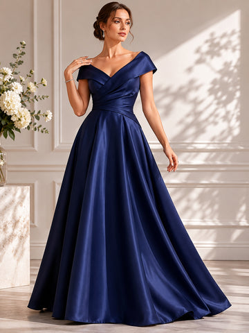 A-Line/Princess V-Neck Satin Evening Dresses with Ruched