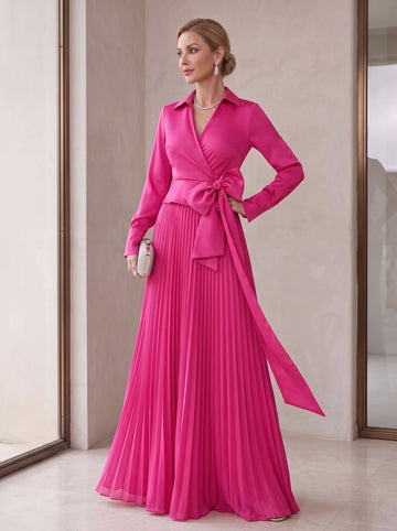 A-Line/Princess V-Neck Floor-Length Long Sleeves Satin Chiffon Two Piece Mother of the Bride Dresses With Bowknot