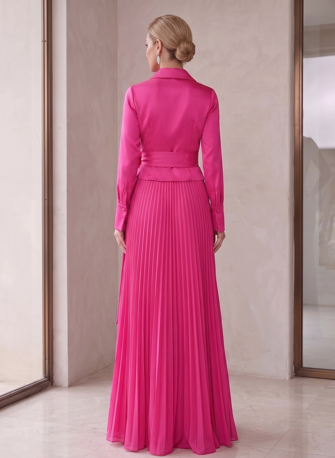A-Line/Princess V-Neck Floor-Length Long Sleeves Satin Chiffon Two Piece Mother of the Bride Dresses With Bowknot