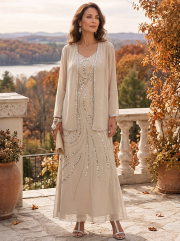 Sheath/Column V-Neck Ankle-Length Mother of the Bride Dresses with Jacket & Sequins Beading