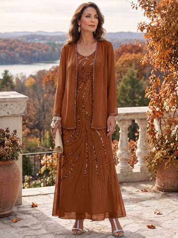 Sheath/Column V-Neck Ankle-Length Mother of the Bride Dresses with Jacket & Sequins Beading