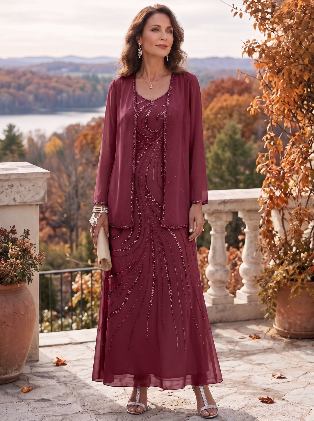 Sheath/Column V-Neck Ankle-Length Mother of the Bride Dresses with Jacket & Sequins Beading