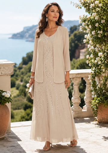 Sheath/Column V-Neck Ankle-Length Mother of the Bride Dresses with Jacket & Sequins Beading