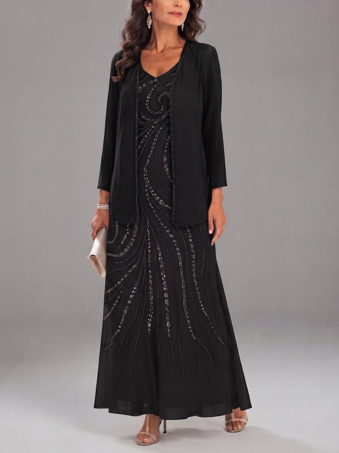 Sheath/Column V-Neck Ankle-Length Mother of the Bride Dresses with Jacket & Sequins Beading
