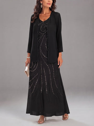 Sheath/Column V-Neck Ankle-Length Mother of the Bride Dresses with Jacket & Sequins Beading