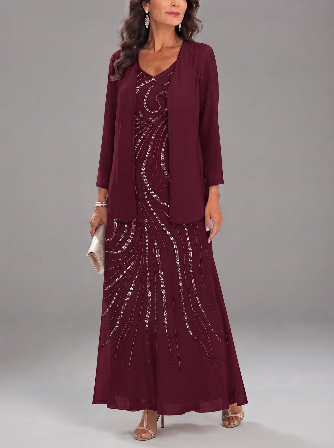 Sheath/Column V-Neck Ankle-Length Mother of the Bride Dresses with Jacket & Sequins Beading