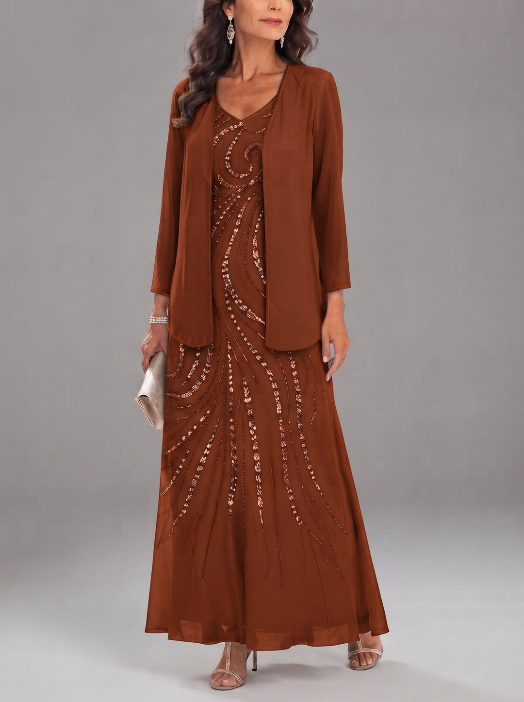 Sheath/Column V-Neck Ankle-Length Mother of the Bride Dresses with Jacket & Sequins Beading