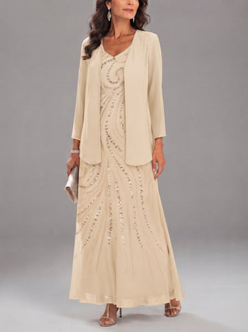 Sheath/Column V-Neck Ankle-Length Mother of the Bride Dresses with Jacket & Sequins Beading