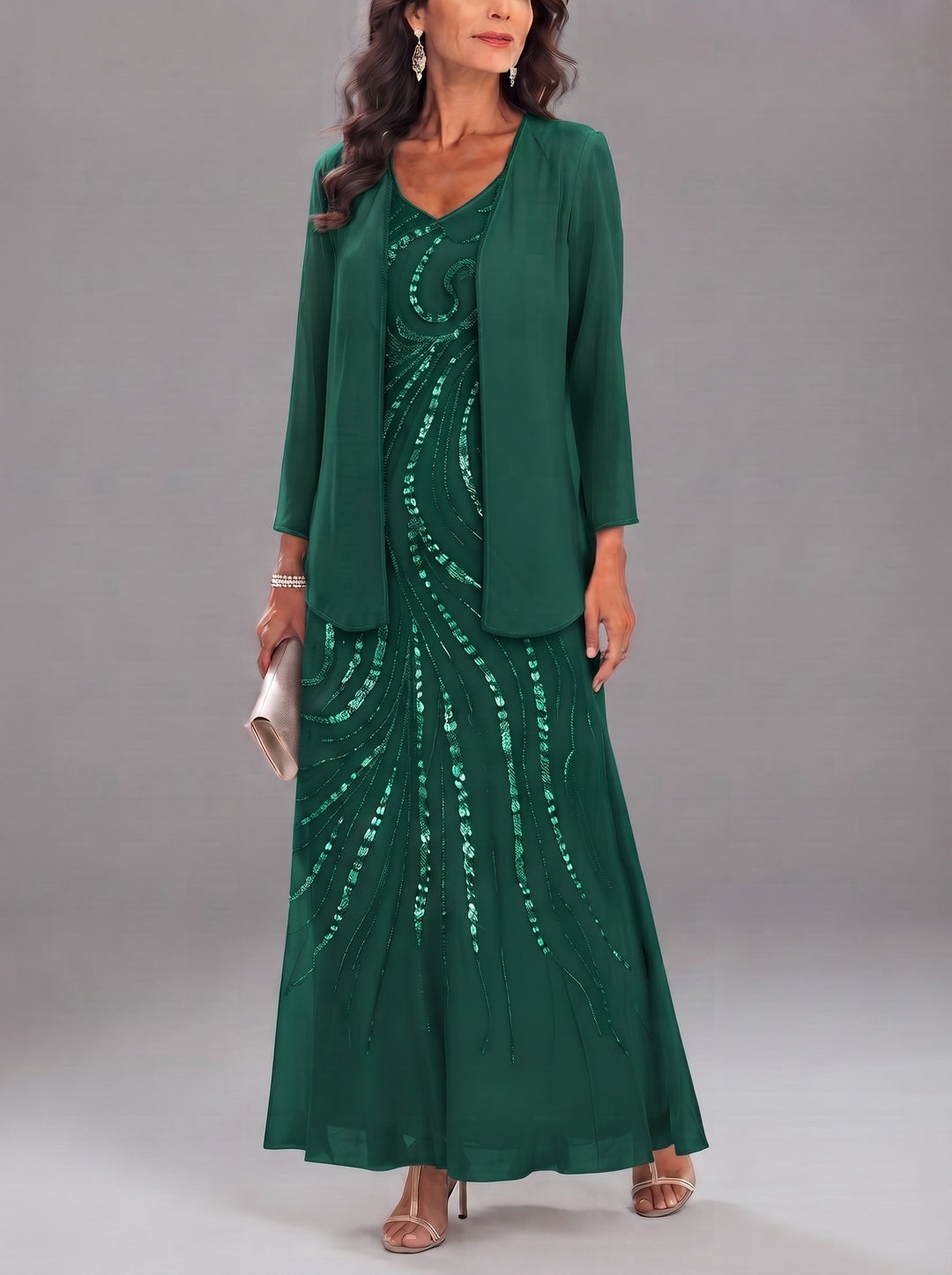 Sheath/Column V-Neck Ankle-Length Mother of the Bride Dresses with Jacket & Sequins Beading