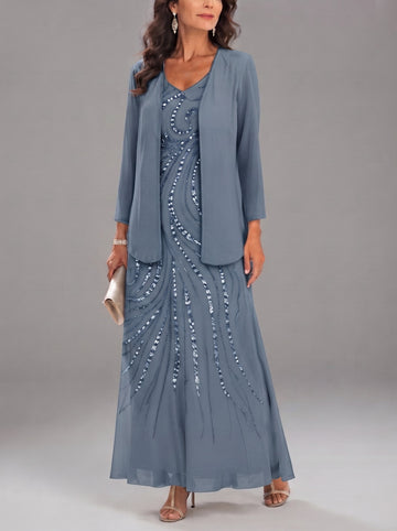 Sheath/Column V-Neck Ankle-Length Mother of the Bride Dresses with Jacket & Sequins Beading