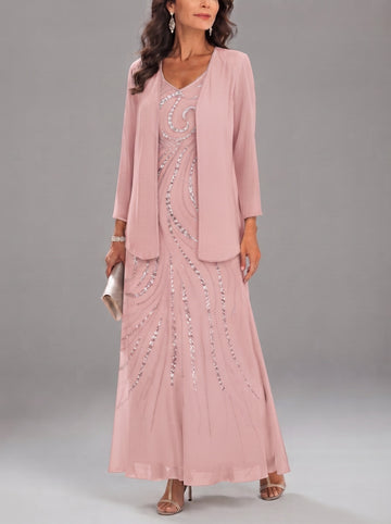 Sheath/Column V-Neck Ankle-Length Mother of the Bride Dresses with Jacket & Sequins Beading