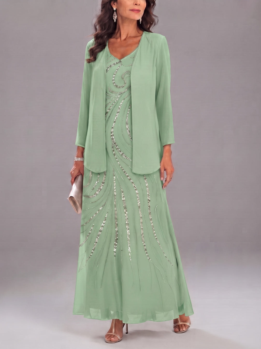 Sheath/Column V-Neck Ankle-Length Mother of the Bride Dresses with Jacket & Sequins Beading