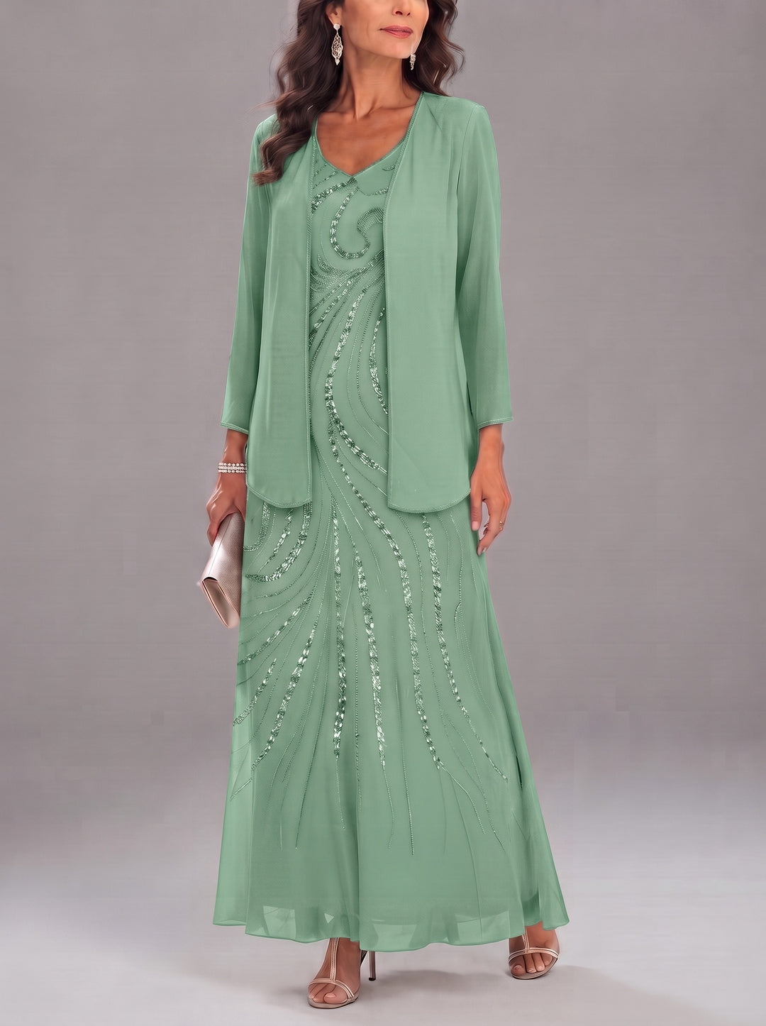 Sheath/Column V-Neck Ankle-Length Mother of the Bride Dresses with Jacket & Sequins Beading