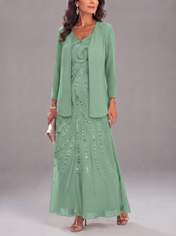 Sheath/Column V-Neck Ankle-Length Mother of the Bride Dresses with Jacket & Sequins Beading