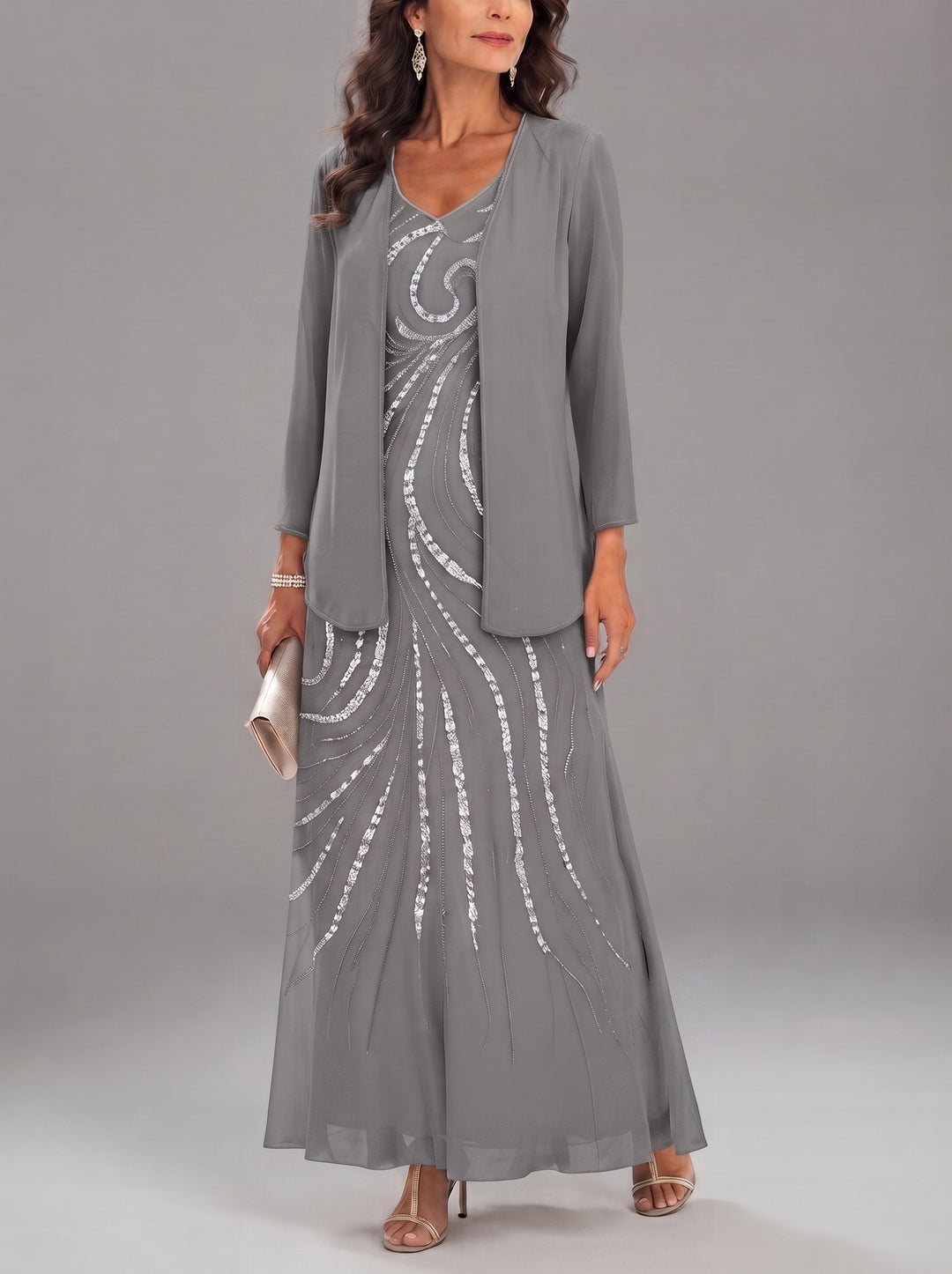 Sheath/Column V-Neck Ankle-Length Mother of the Bride Dresses with Jacket & Sequins Beading