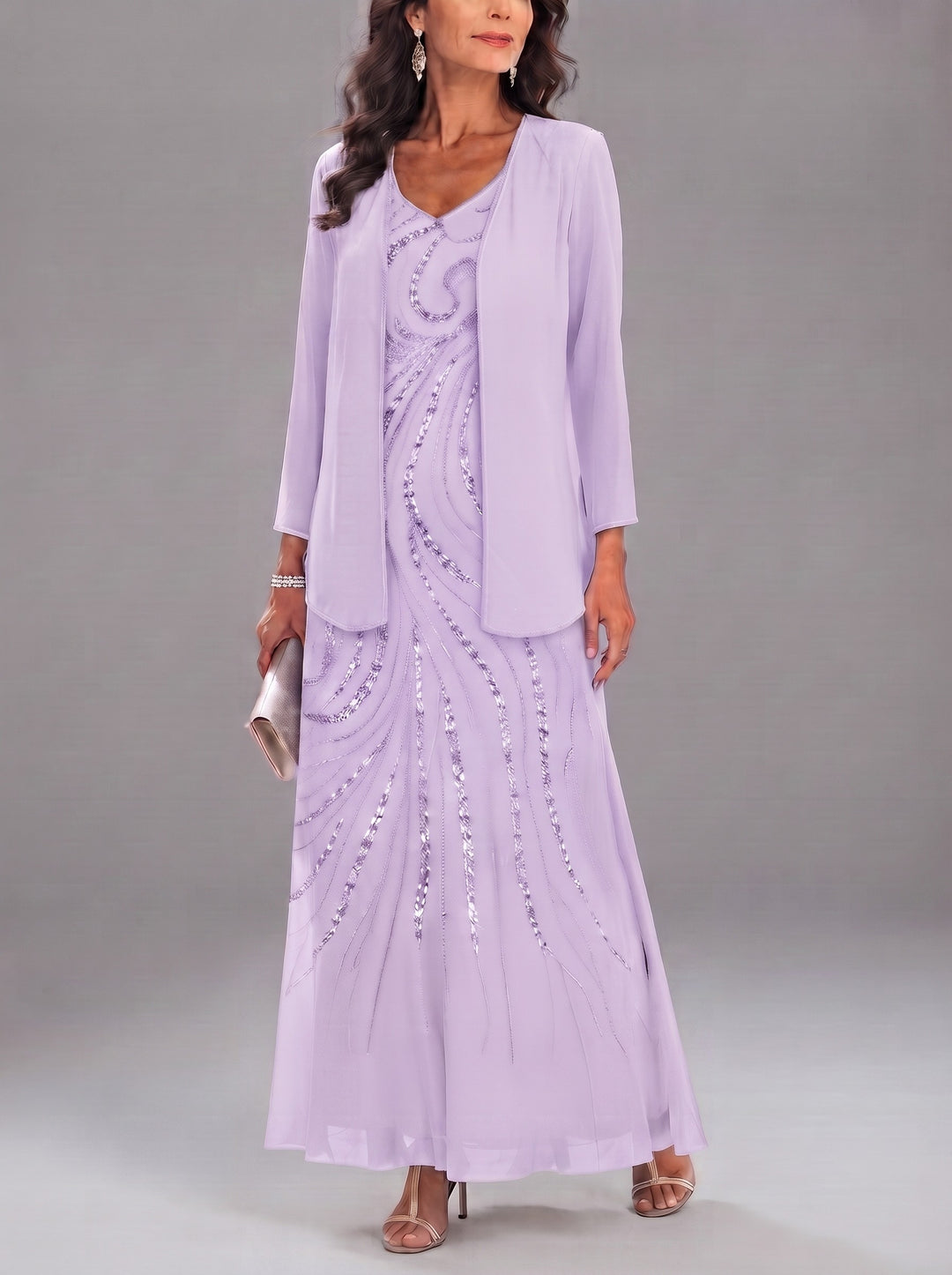 Sheath/Column V-Neck Ankle-Length Mother of the Bride Dresses with Jacket & Sequins Beading