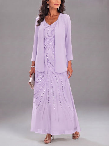 Sheath/Column V-Neck Ankle-Length Mother of the Bride Dresses with Jacket & Sequins Beading