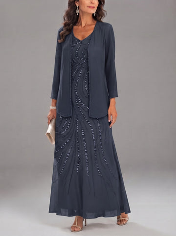Sheath/Column V-Neck Ankle-Length Mother of the Bride Dresses with Jacket & Sequins Beading
