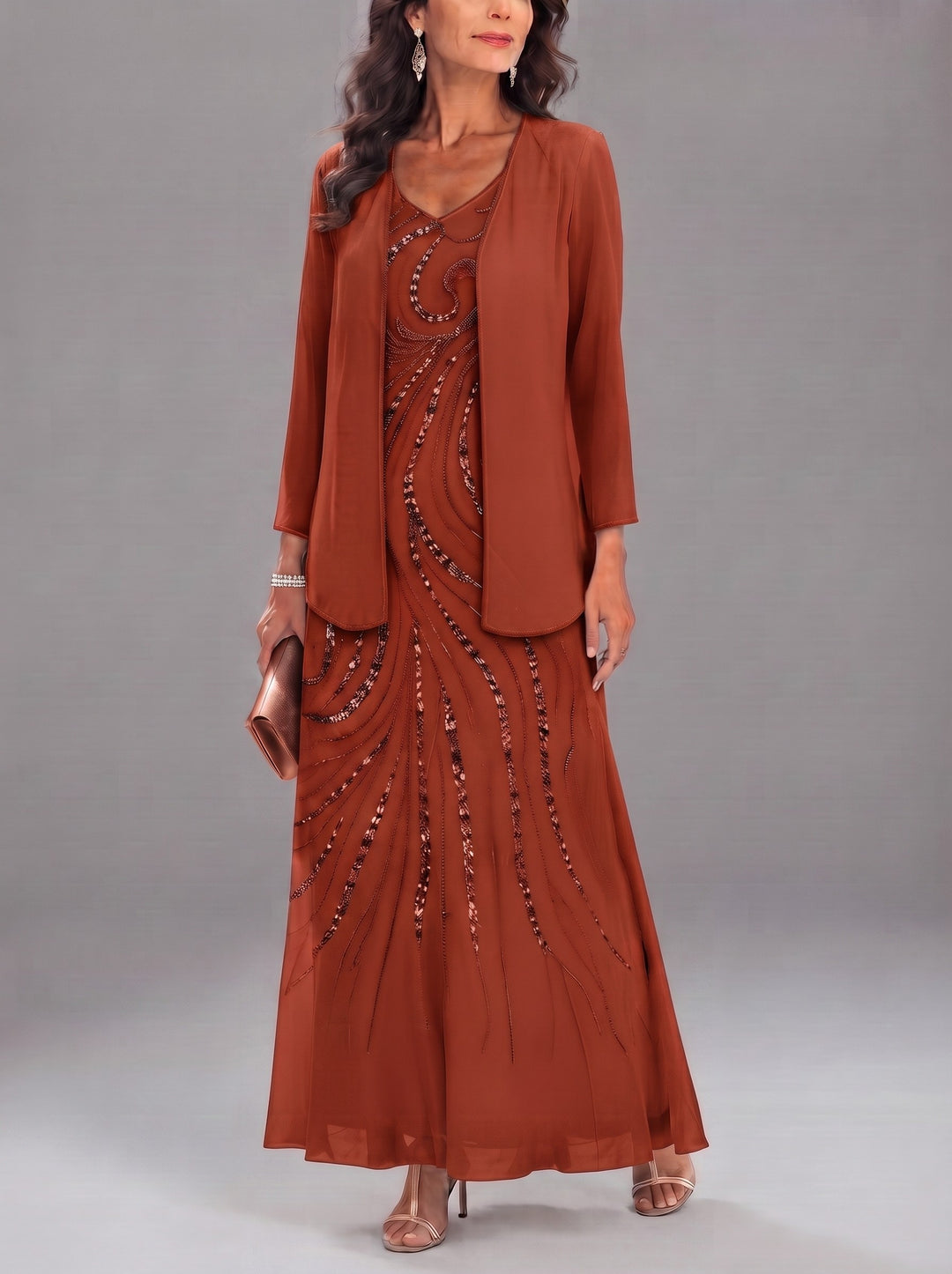 Sheath/Column V-Neck Ankle-Length Mother of the Bride Dresses with Jacket & Sequins Beading