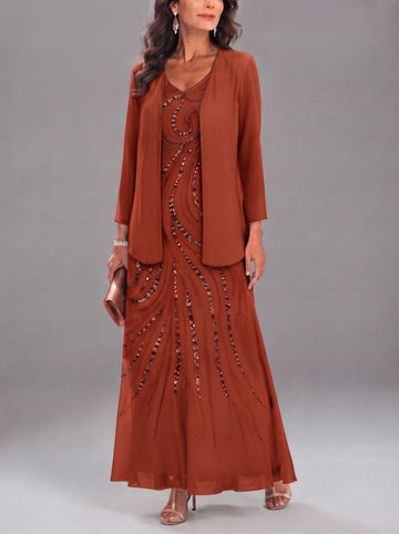 Sheath/Column V-Neck Ankle-Length Mother of the Bride Dresses with Jacket & Sequins Beading