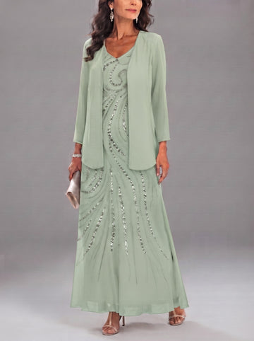 Sheath/Column V-Neck Ankle-Length Mother of the Bride Dresses with Jacket & Sequins Beading