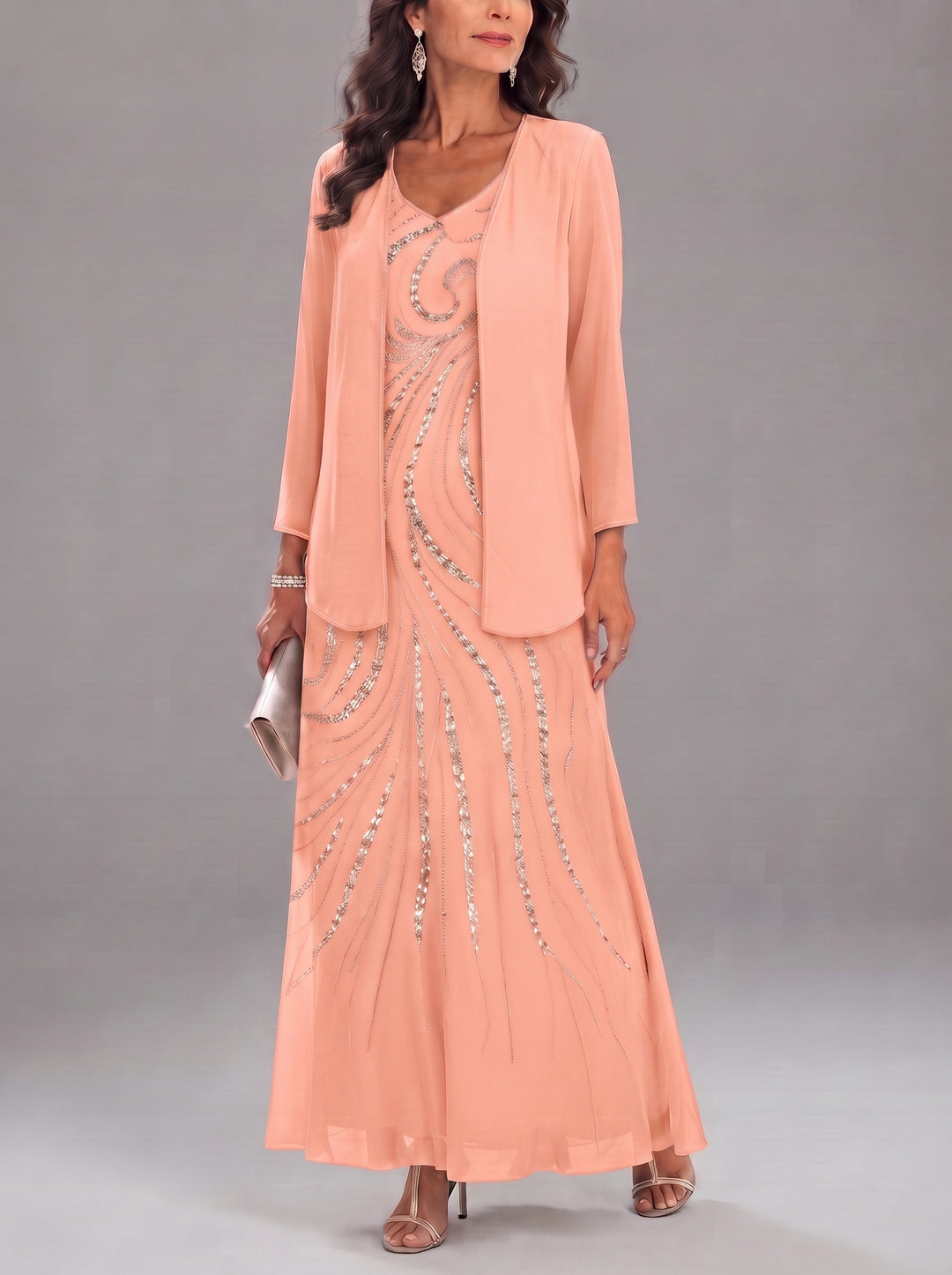 Sheath/Column V-Neck Ankle-Length Mother of the Bride Dresses with Jacket & Sequins Beading