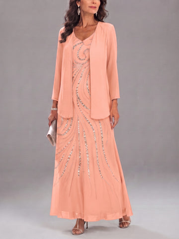 Sheath/Column V-Neck Ankle-Length Mother of the Bride Dresses with Jacket & Sequins Beading