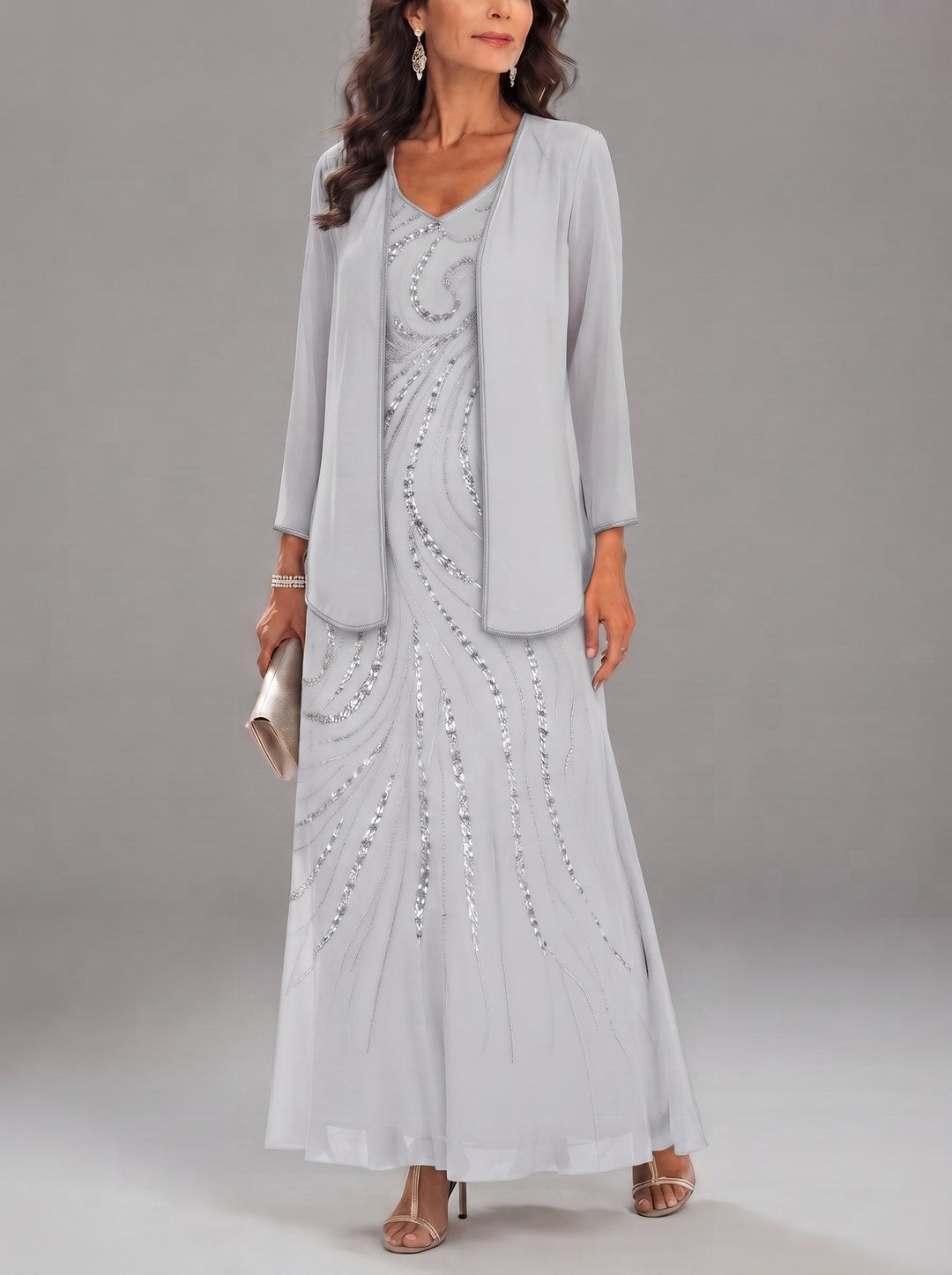Sheath/Column V-Neck Ankle-Length Mother of the Bride Dresses with Jacket & Sequins Beading
