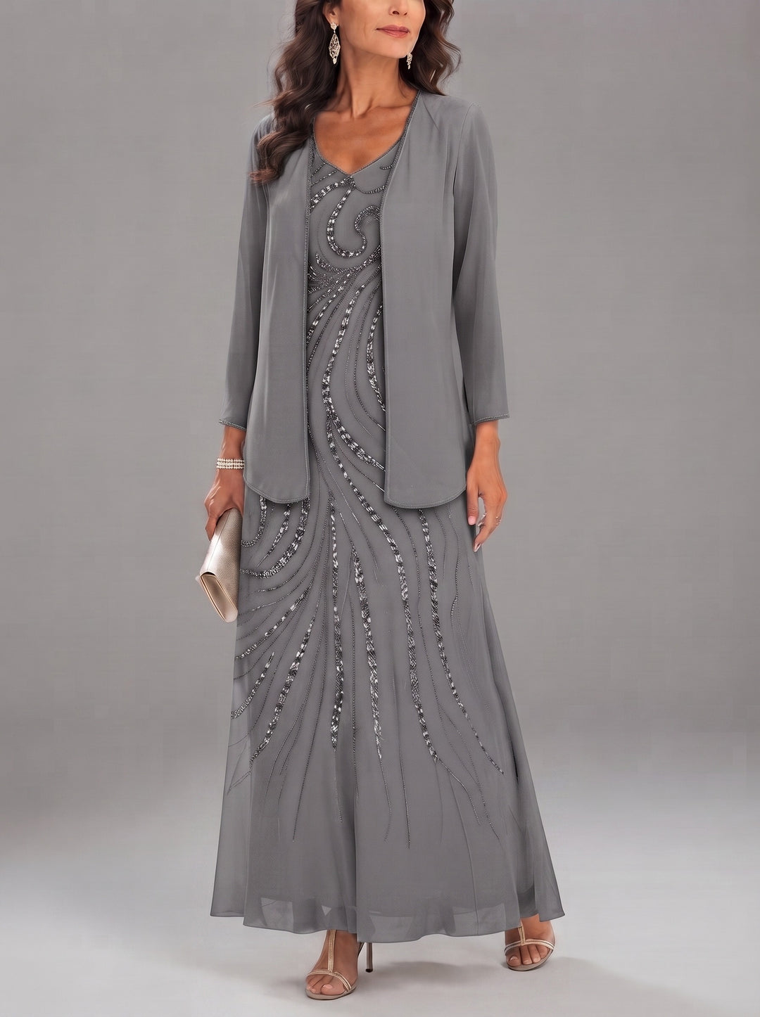 Sheath/Column V-Neck Ankle-Length Mother of the Bride Dresses with Jacket & Sequins Beading