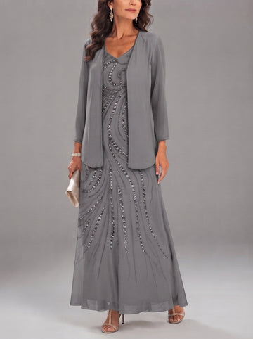 Sheath/Column V-Neck Ankle-Length Mother of the Bride Dresses with Jacket & Sequins Beading