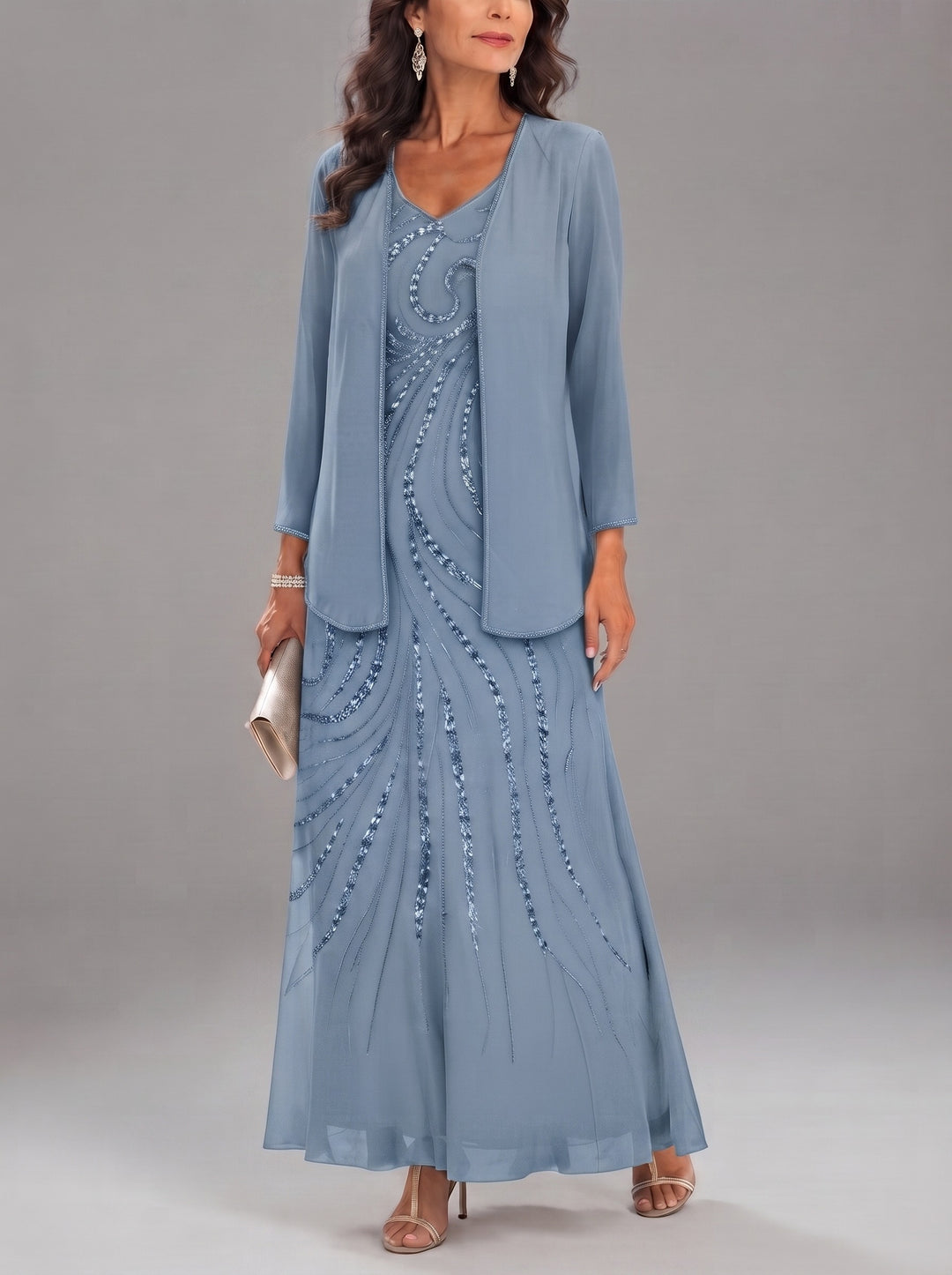 Sheath/Column V-Neck Ankle-Length Mother of the Bride Dresses with Jacket & Sequins Beading
