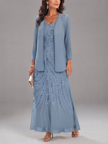 Sheath/Column V-Neck Ankle-Length Mother of the Bride Dresses with Jacket & Sequins Beading