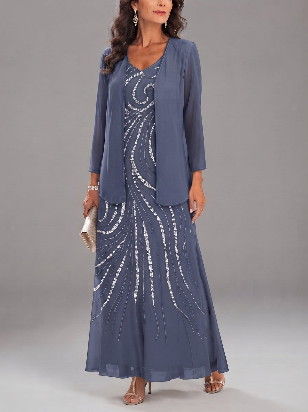 Sheath/Column V-Neck Ankle-Length Mother of the Bride Dresses with Jacket & Sequins Beading