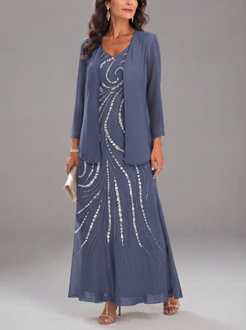 Sheath/Column V-Neck Ankle-Length Mother of the Bride Dresses with Jacket & Sequins Beading