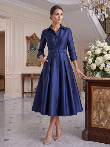 A-Line/Princess V-Neck Long Sleeves Tea-Length Elegant Mother of the Bride Dresses