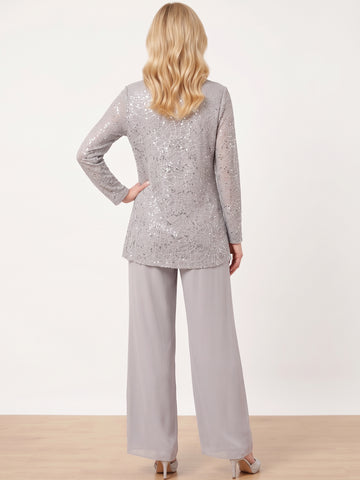 3 Pieces Chiffon Mother of the Bride Pantsuits with Jacket & Sequins
