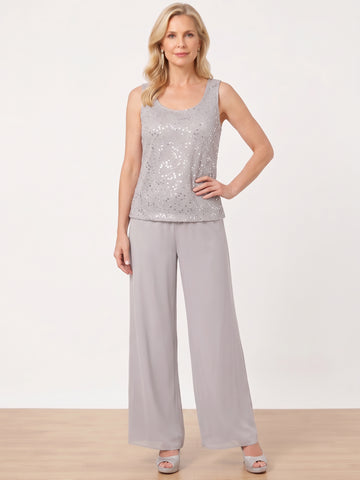 3 Pieces Chiffon Mother of the Bride Pantsuits with Jacket & Sequins